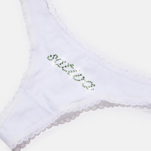 Sativa Rhinestone Thong | White Cotton Rhinestone Sativa In Green - MaryJaneNite - Panties