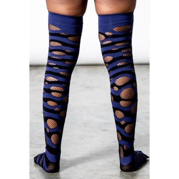 Wretched Soul Distressed Long Thigh High Socks | Black & Midnight - Killstar - Thigh Highs