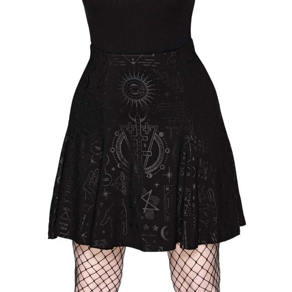 Heathen Skater Skirt | Black On Black Print High Waisted - Killstar - Skirt