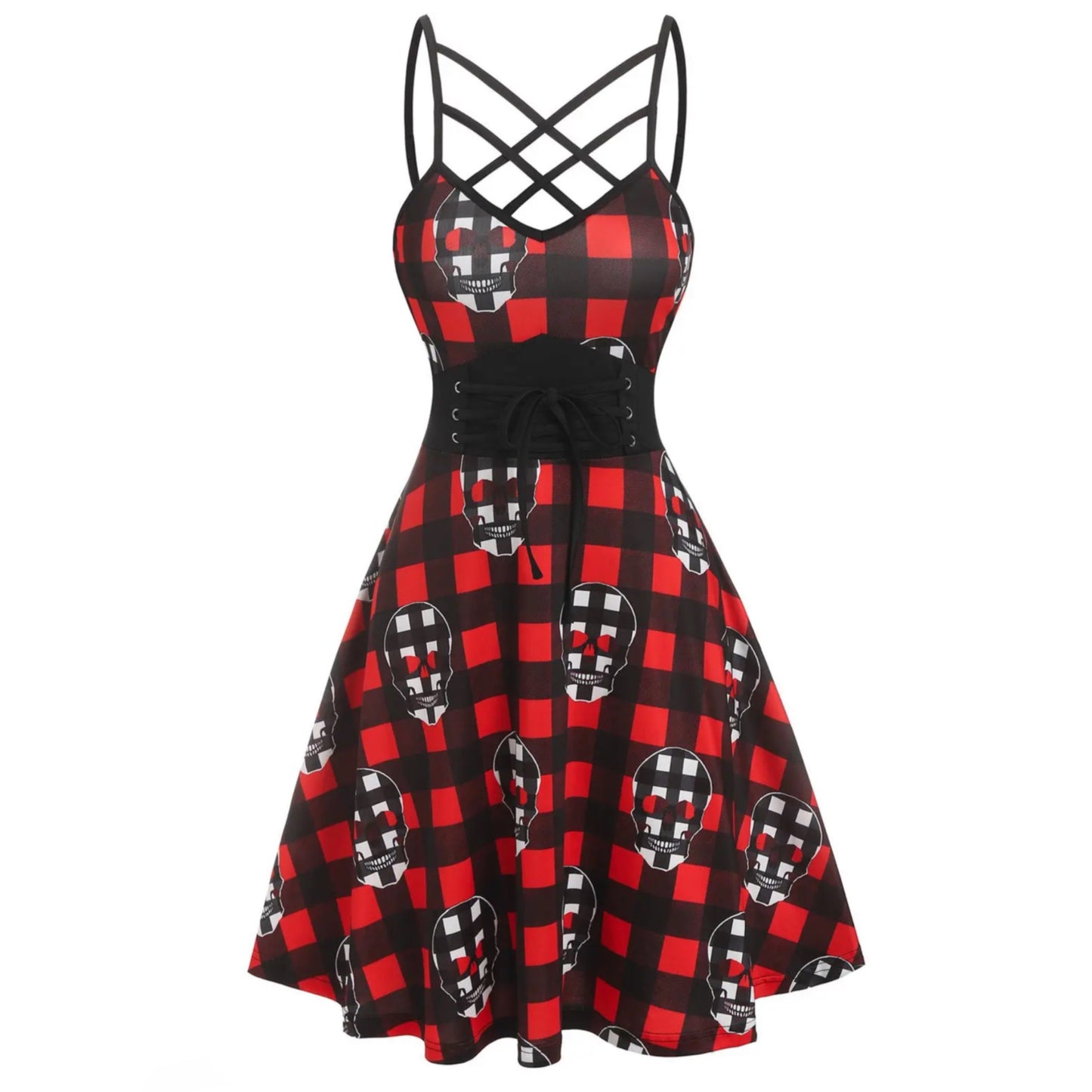 Gothic Plaid Skull Lace Up Corset Style Cross Lattice Strappy Flare Dress - A Gothic Universe - Dresses