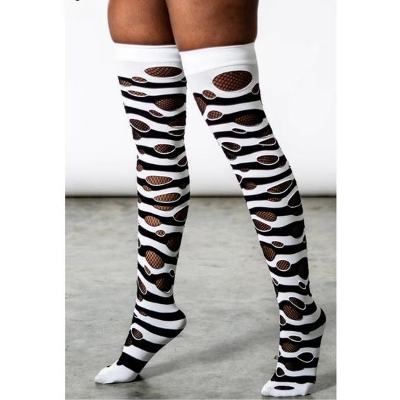 Wretched Soul Distressed Long Thigh High Socks | Black & White - Killstar - Thigh Highs