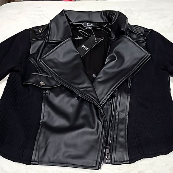 Dolls Kill x Privy | Women's Black Vegan Leather Motorcycle Moto Jacket L - Privy - Leather Jacket