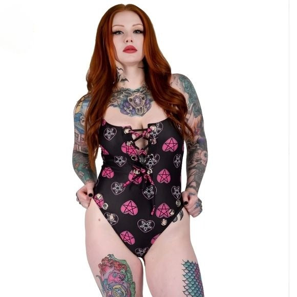 GOTH HEARTS EYELET ONE PIECE SWIMSUIT