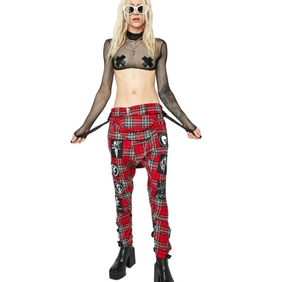 Hot Tartan Patch Clip Pants | Red & Black Plain Low Rise Waist - Long Clothing - Pants