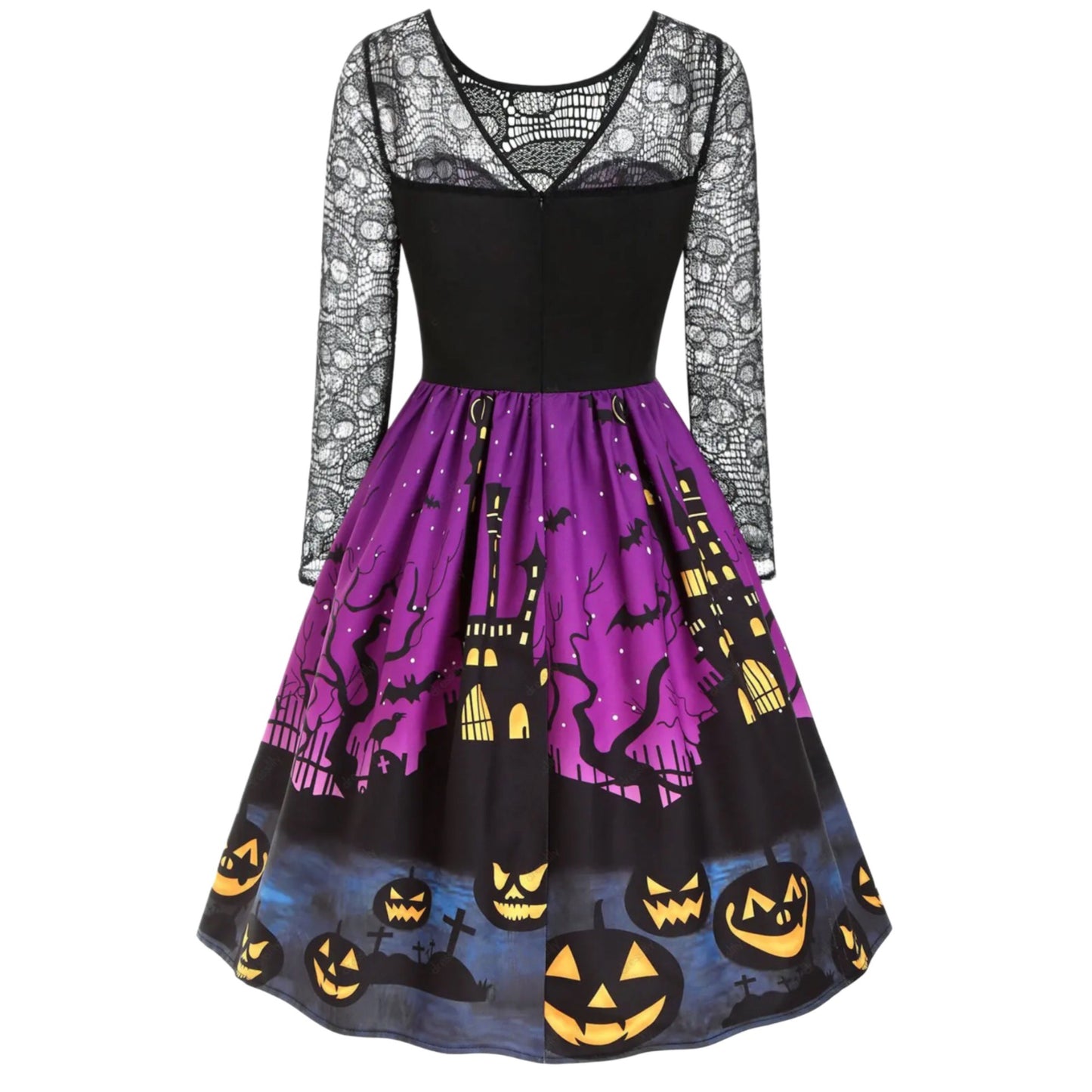 Long Sheer Sleeve Pumpkin Bat Print Lace Insert Dress - A Gothic Universe - Dresses