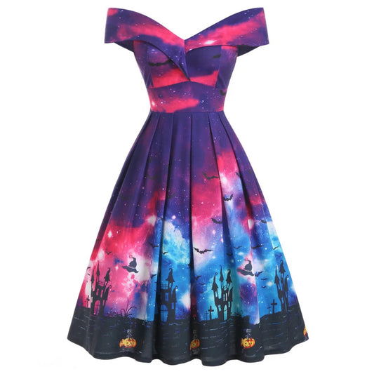 Off Shoulder Watercolor Pumpkin Bat Flared Dress - A Gothic Universe - Dresses