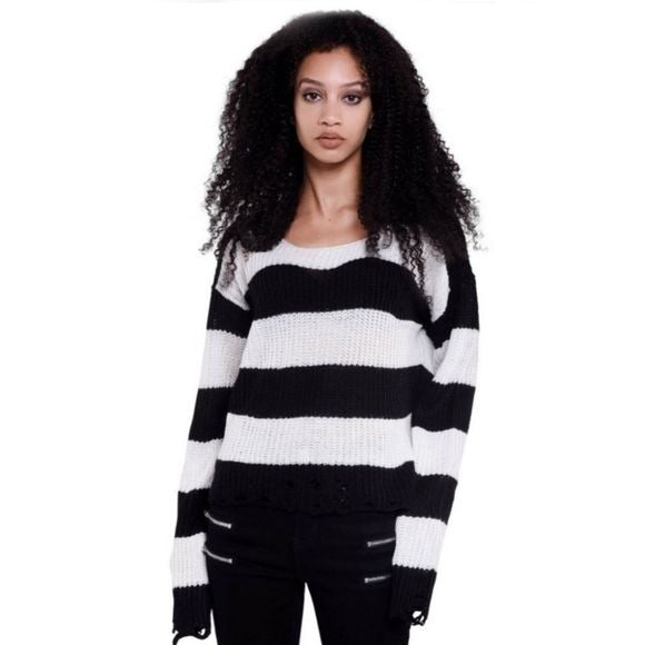 Casey Knit Sweater | Black / White Stripes Unisex Distressed - Killstar - Sweaters