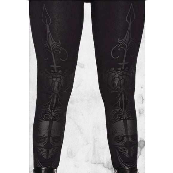 Death Ray Leggings | Black on Black Luxe Cotton Wide Waistband Stretchy - Killstar - Leggings