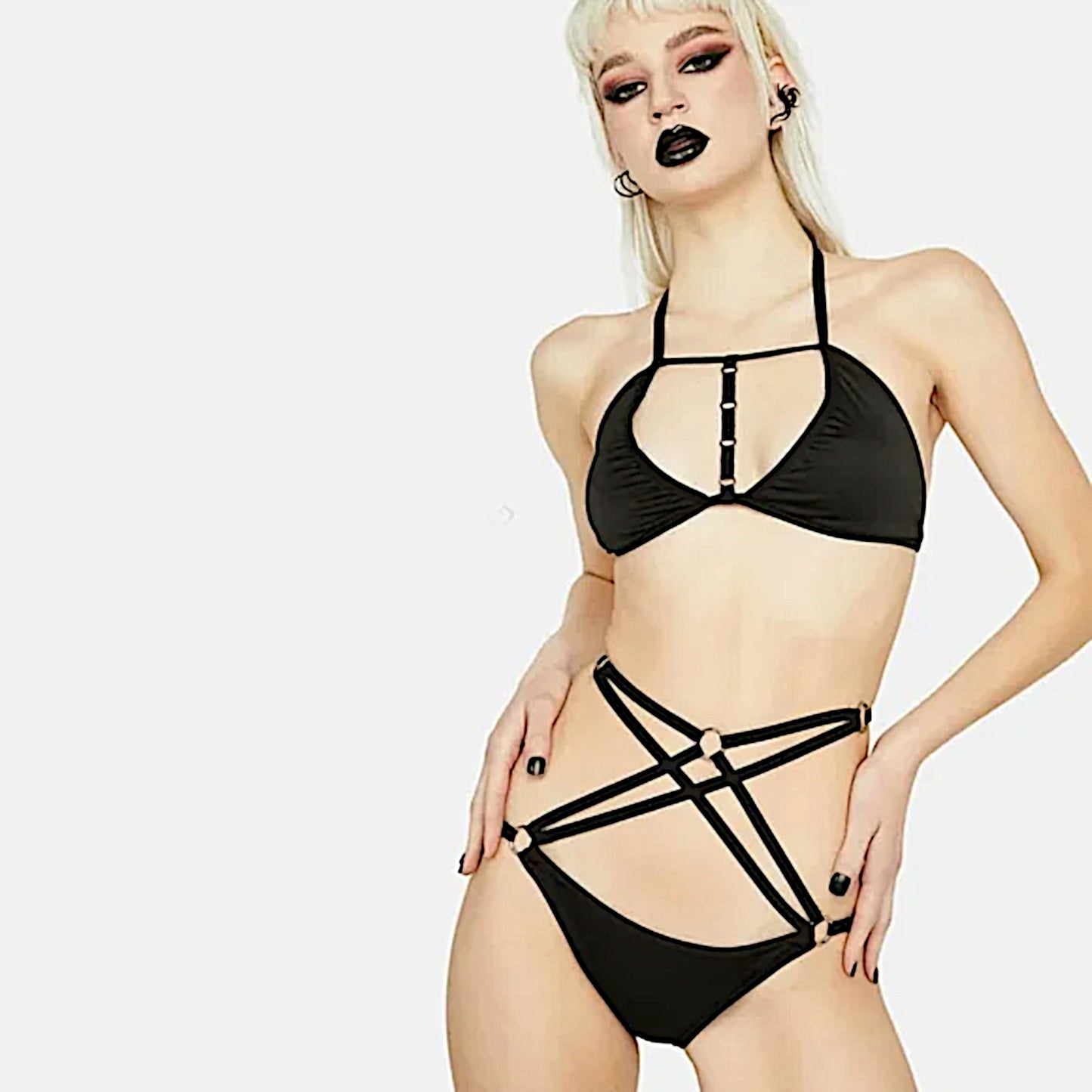 Strappy Bikini | Black Triangle O-Ring Details Halter Neck Bikini - Devil Fashion - Swimwear