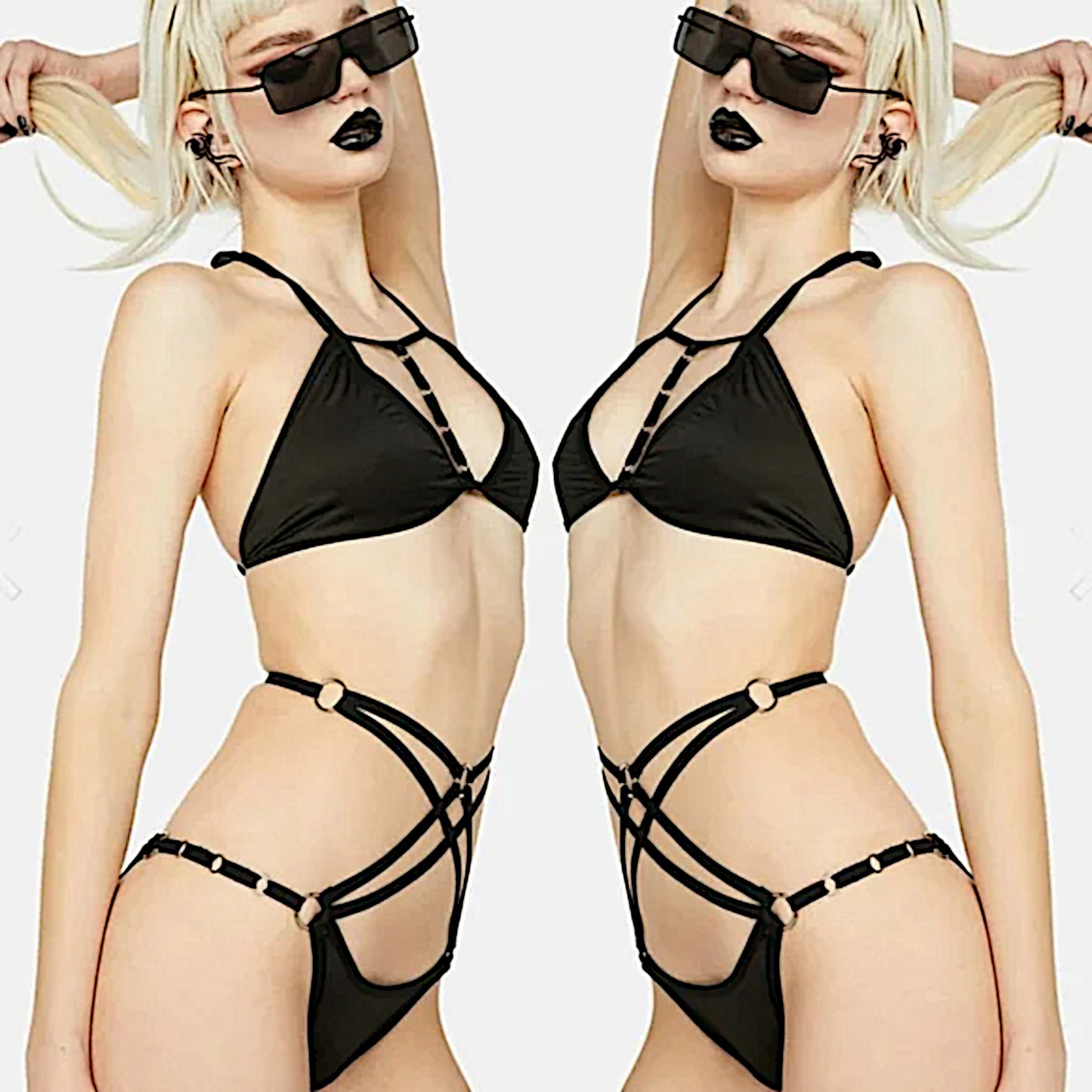 Strappy Bikini | Black Triangle O-Ring Details Halter Neck Bikini - Devil Fashion - Swimwear