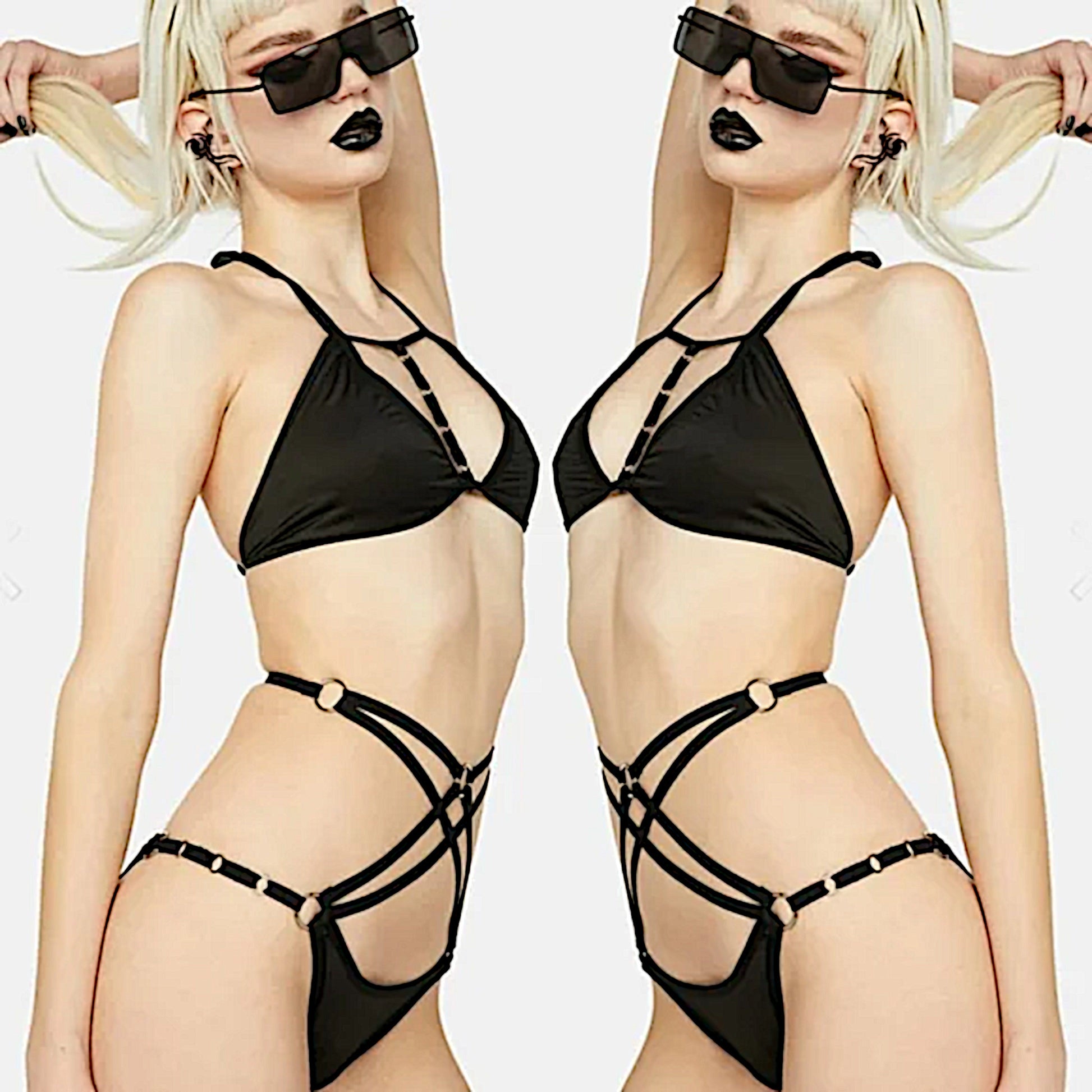 Strappy Bikini | Black Triangle O-Ring Details Halter Neck Bikini - Devil Fashion - Swimwear