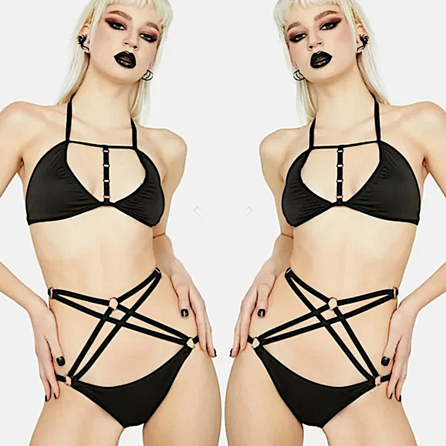 Strappy Bikini | Black Triangle O-Ring Details Halter Neck Bikini - Devil Fashion - Swimwear