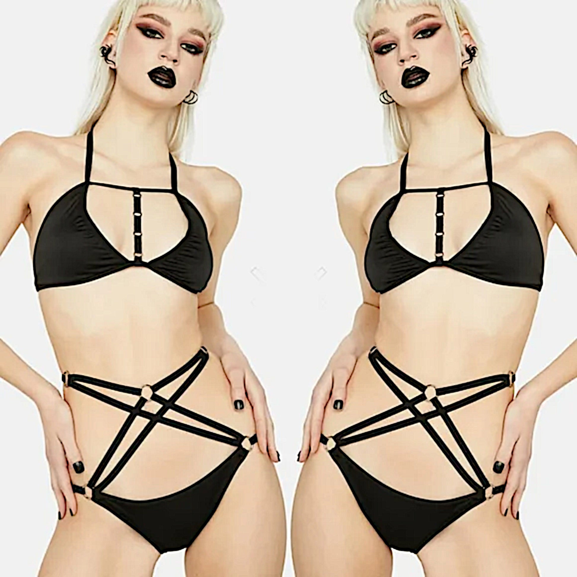 Strappy Bikini | Black Triangle O-Ring Details Halter Neck Bikini - Devil Fashion - Swimwear