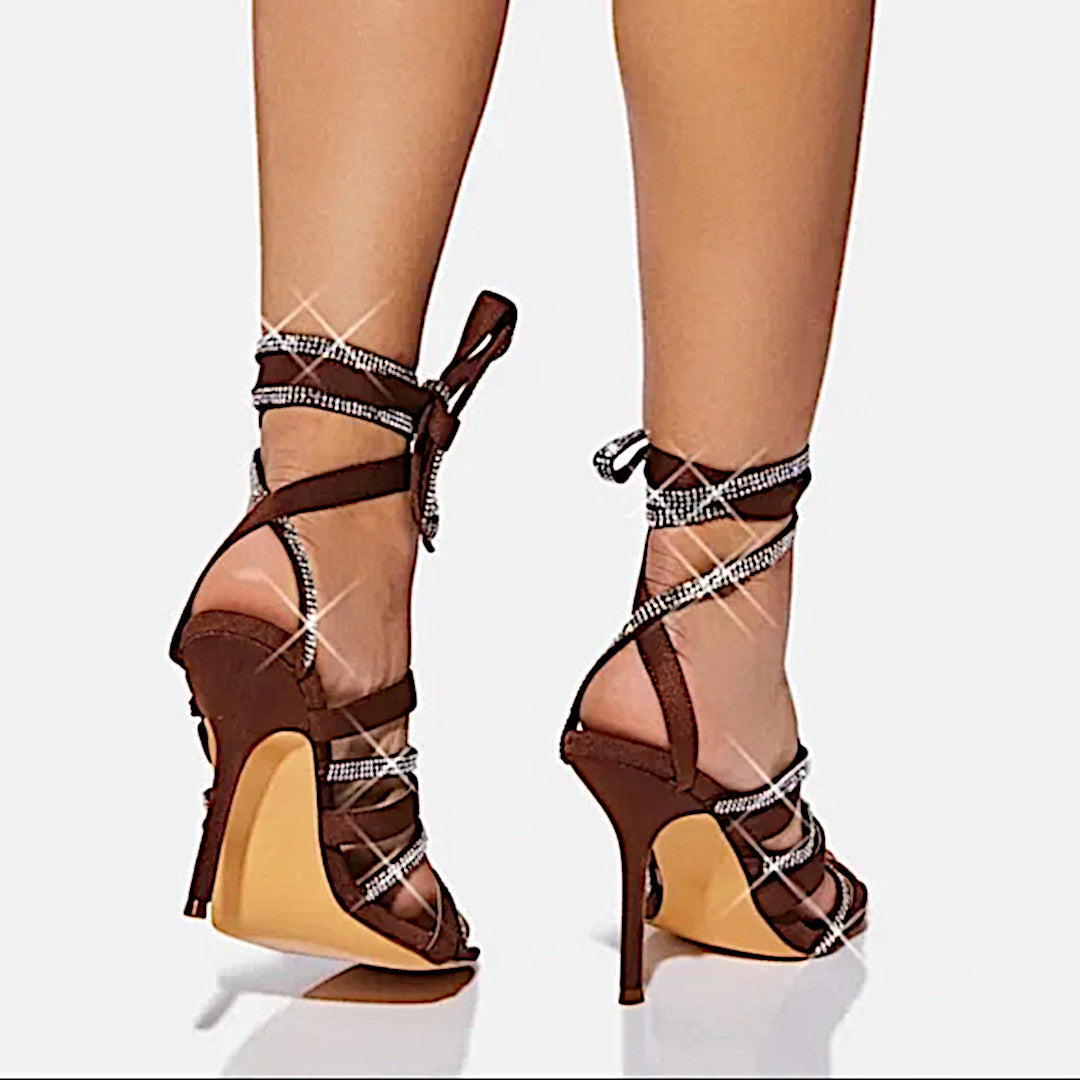 Strappy Heels | Coffee Absolute Beginner | Wrap Shine Stiletto Heels - Dolls Kill - Shoes