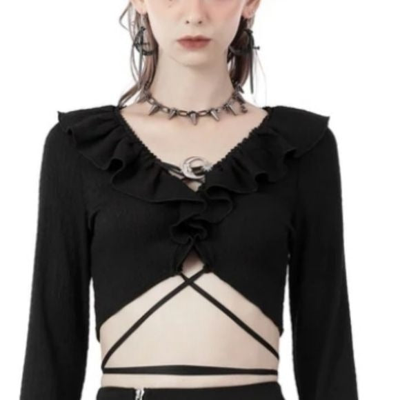 Gothic Witch Ripped Sleeves Ruffle Neck Crop Top | Black - Dark In Love - Tops