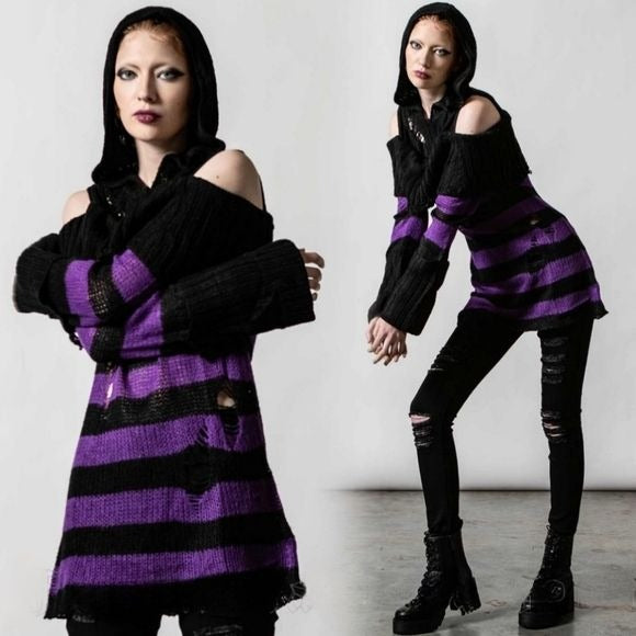 Salvia Hooded Knit Sweater | Black & Plum Stripes Distressed Extra Long - Killstar - Sweaters