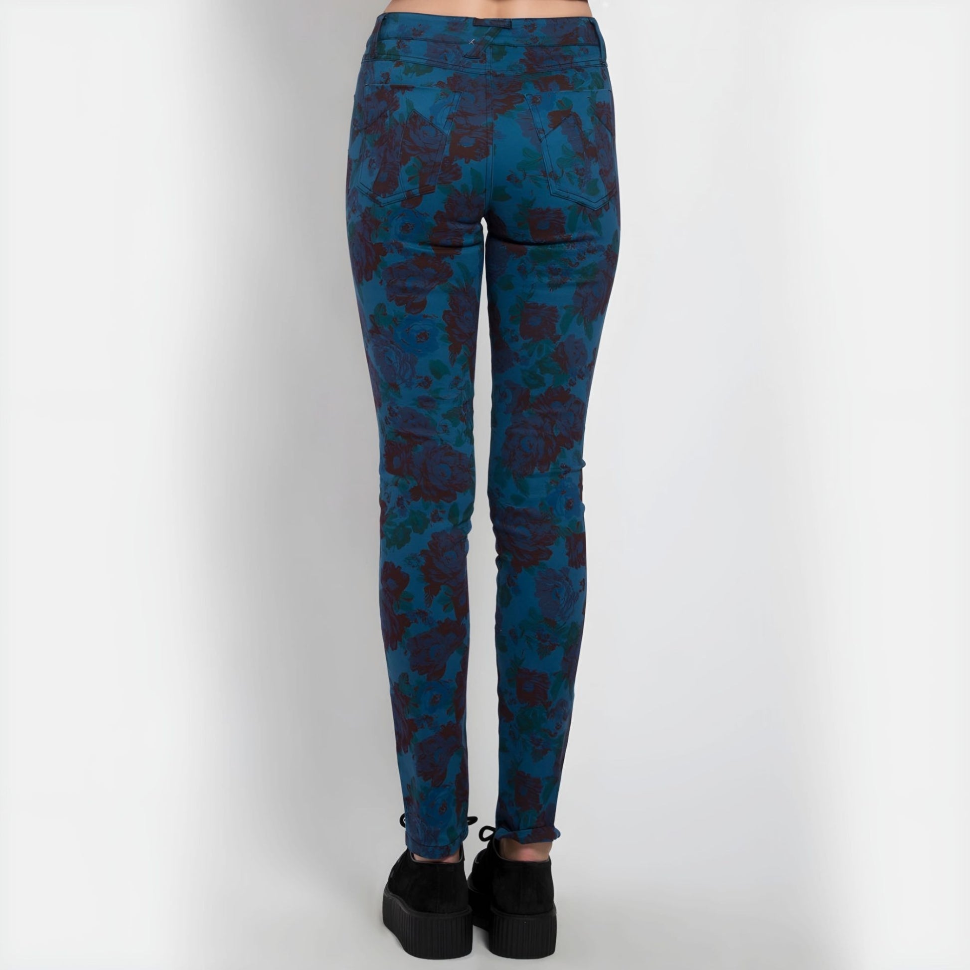 High Waisted Skinny Jeans Stretch Twill Teal Floral Print - Tripp NYC - Jeans