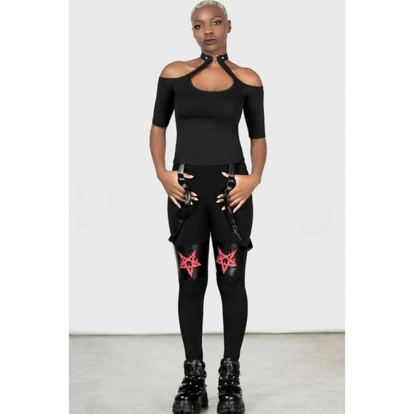 Bloodpact Leggings | Black Suspenders Red Pentagram Soft Cotton - Killstar - Leggings