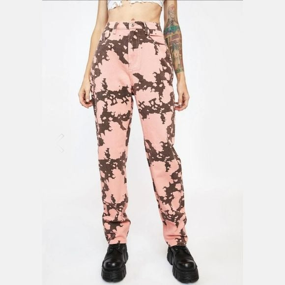 Cow Print Relaxed Straight Leg Jeans | Brown High Waisted Pockets - Momokrom - Jeans