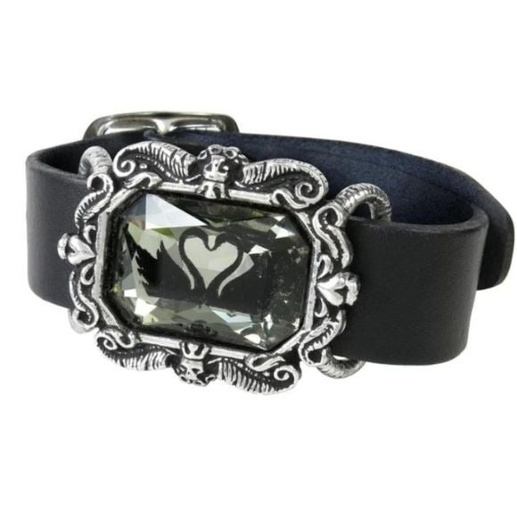 Black Swans Wriststrap | Leather Large Swarovski Crystal - Alchemy Gothic - Bracelets