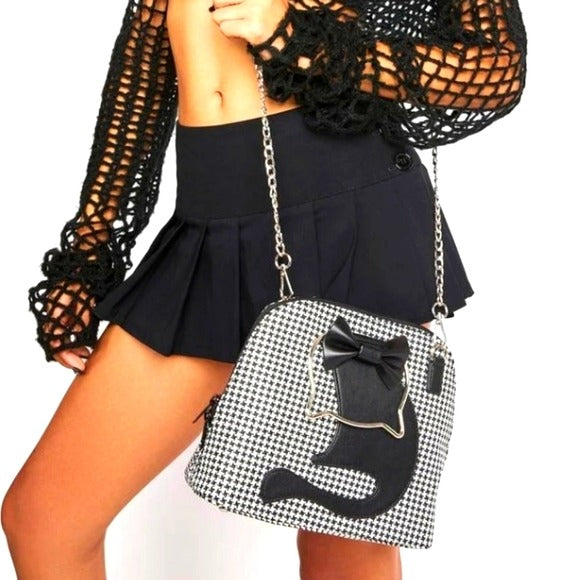 Dixie Handbag | Black White Houndstooth Pattern Metal Cat Straps - Lost Queen - Crossbody Bag