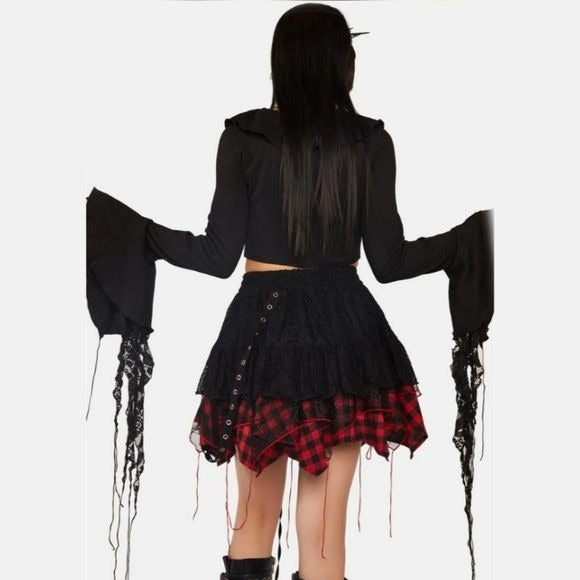 Gothic Witch Ripped Sleeves Ruffle Neck Crop Top | Black - Dark In Love - Tops