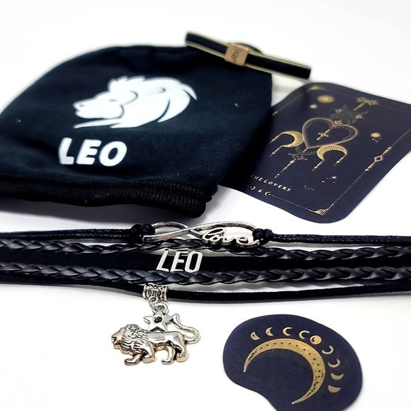 Leo Zodiac | Black Leather Charm Bracelet Face Mask Hair Tie Foil Sticker - A Gothic Universe - Bracelets