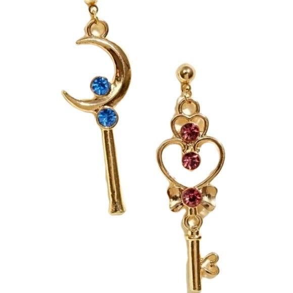 Sailor Moon Crystal Drop Earrings | Pink Blue Gold - Key & Moon Shape - A Gothic Universe - Earrings