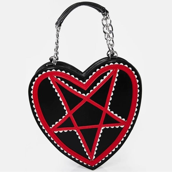 Red Pentagram Novelty Heart Bag | Black Vegan Leather Zip Closure - Too Fast - Handbags / Coin Purses