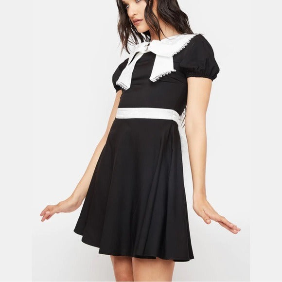 Big Bow Collar Dress | Black & White Flared Statement Collar - Dark In Love - Dresses