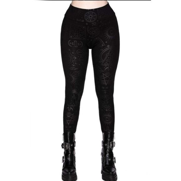 Telepathic Leggings | Black on Black Print Wide Waistband Stretchy Soft - Killstar - Leggings