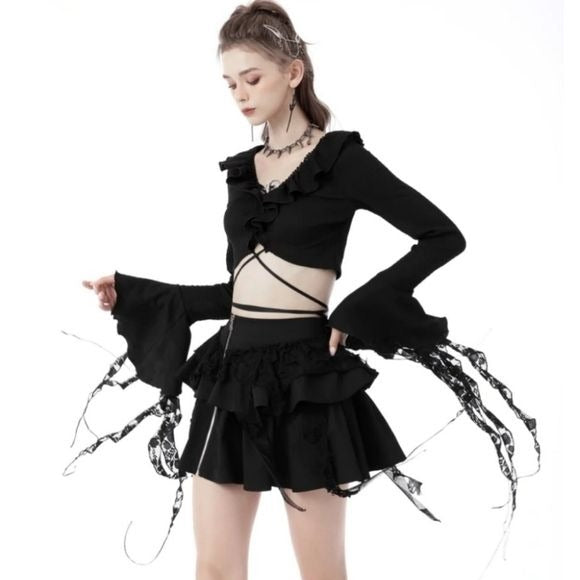 Gothic Witch Ripped Sleeves Ruffle Neck Crop Top | Black - Dark In Love - Tops