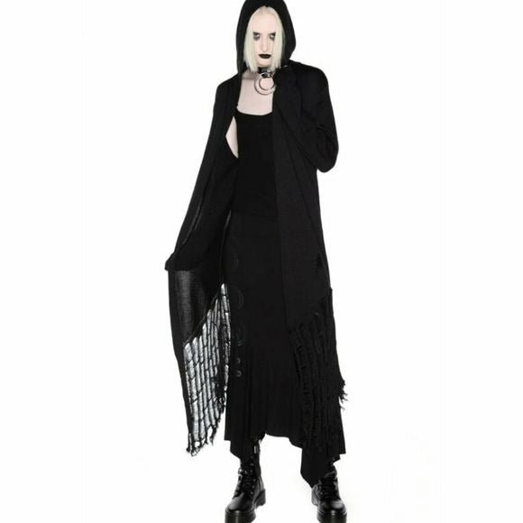 Freak Like Me Open Cardigan | Black Knit HOODED Floor-length Fringe - Killstar - Jackets