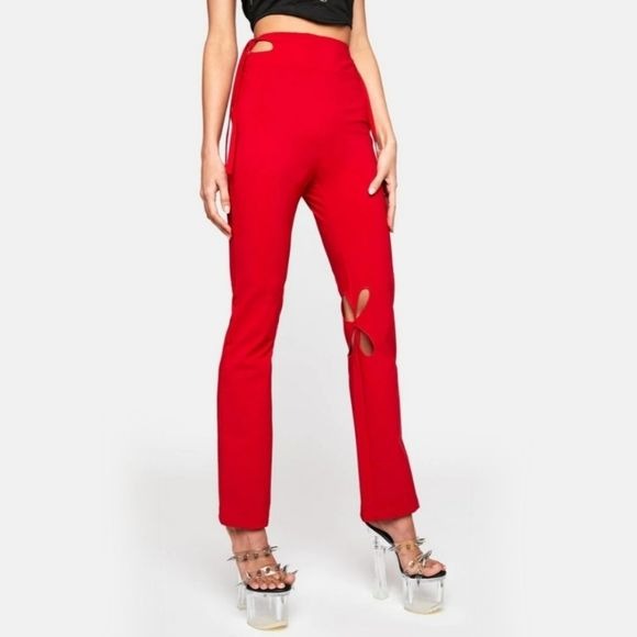 Holey Pray Cut Out Pants | Red Semi Flared Fit High Waisted Side Zip - Zemeta - Pants