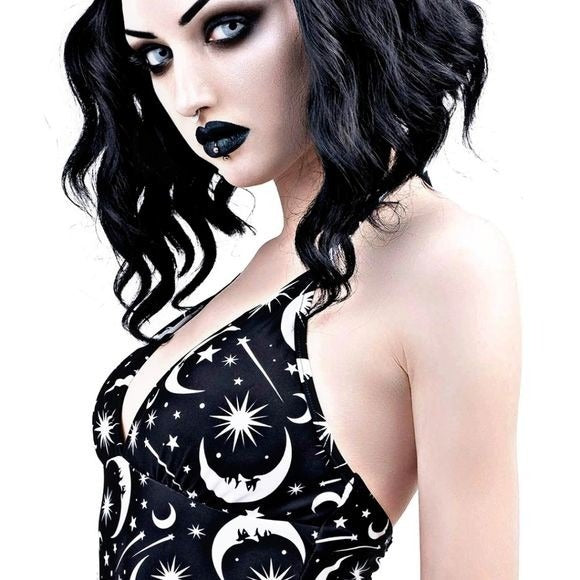 Halter One-piece Swim Suit | Under The Moon & Stars | Lace-Up Suit - Killstar - Swimwear