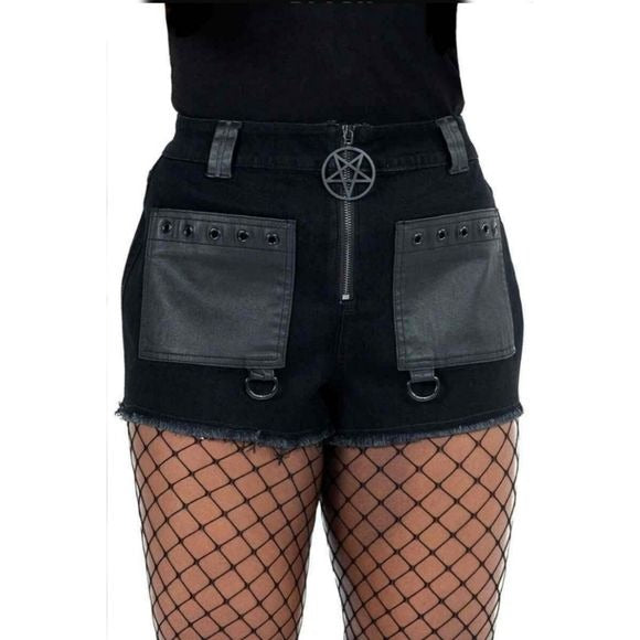 No Excuses Jean Shorts | Black Raw Hem Zip Closure D-rings Pentagram - Killstar - Jean Shorts