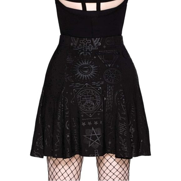 Heathen Skater Skirt | Black On Black Print High Waisted - Killstar - Skirt