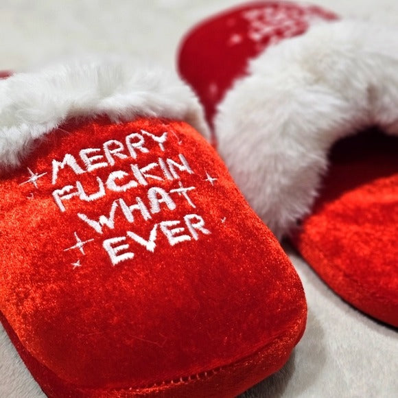 Merry F***mas Slippers | None Skid Red & White Comfy Furry 11" long S/M - Dolls Kill - Slippers