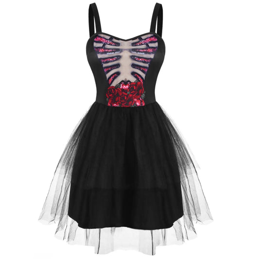 Black Skeleton Flower Tulle Overlay Tutu Dress - A Gothic Universe - Dresses