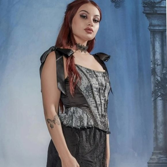 Till Death Satin & Lace Corset Top | Black Ribbon Sleeve Boning Adjustable - Widow - Tops