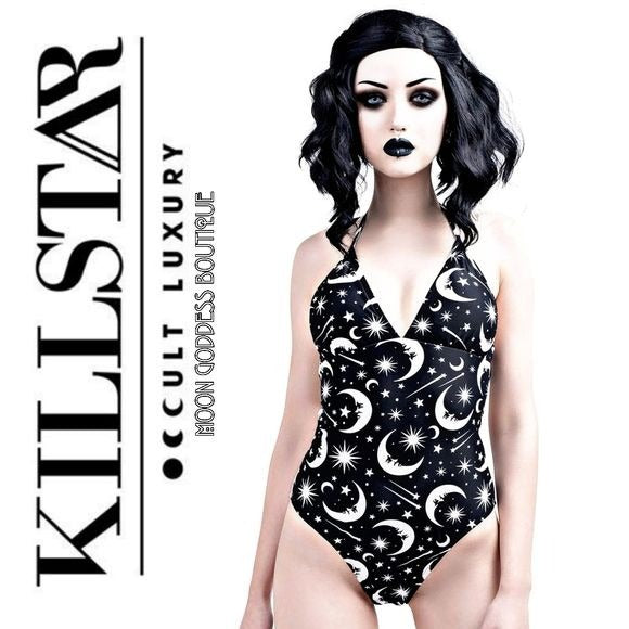 Halter One-piece Swim Suit | Under The Moon & Stars | Lace-Up Suit - Killstar - Swimwear