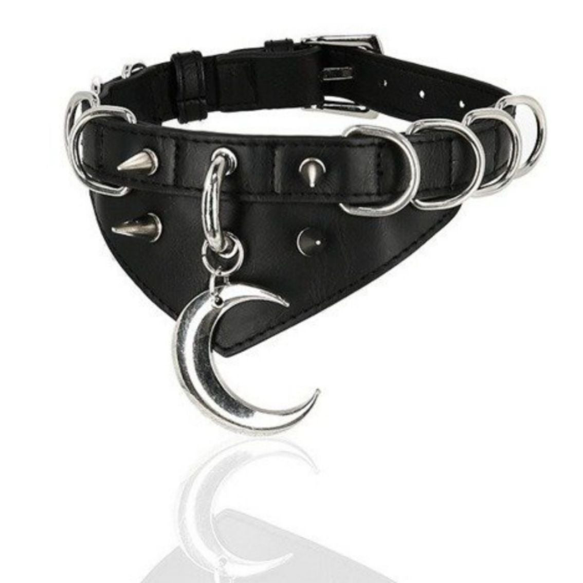 Gothic Leather Choker With Crescent Moon Pendant & Metal D-Rings