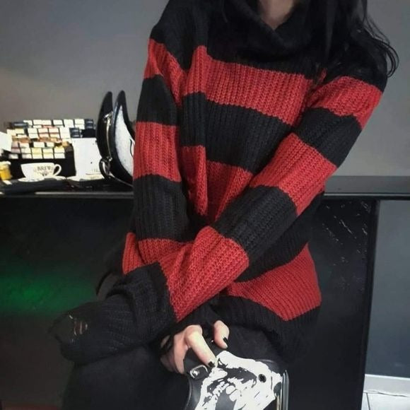 Seven Knit Sweater | Blood Red Distressed Raw Hem Extra Long Striped - Killstar - Sweaters