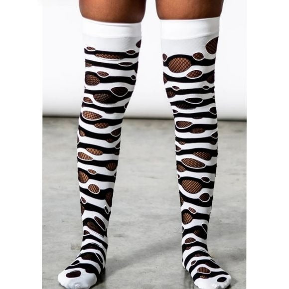 Wretched Soul Distressed Long Thigh High Socks | Black & White - Killstar - Thigh Highs