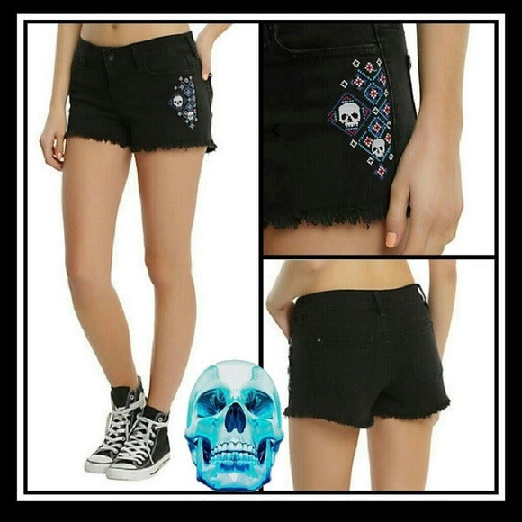 Skull Embroidered Denim Shorts | Black Raw Hem Punk Style - Blackheart - Shorts