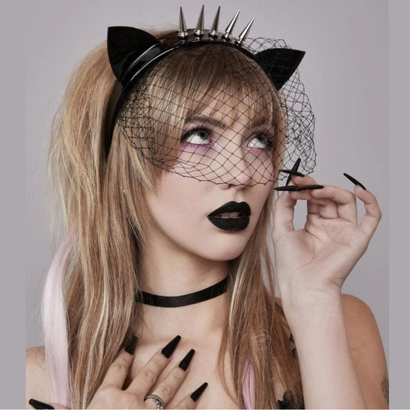 Kitty With Claws Headband | Black Cat Ears Silver Spikes on Top Tulle Veil - Widow - Headbands