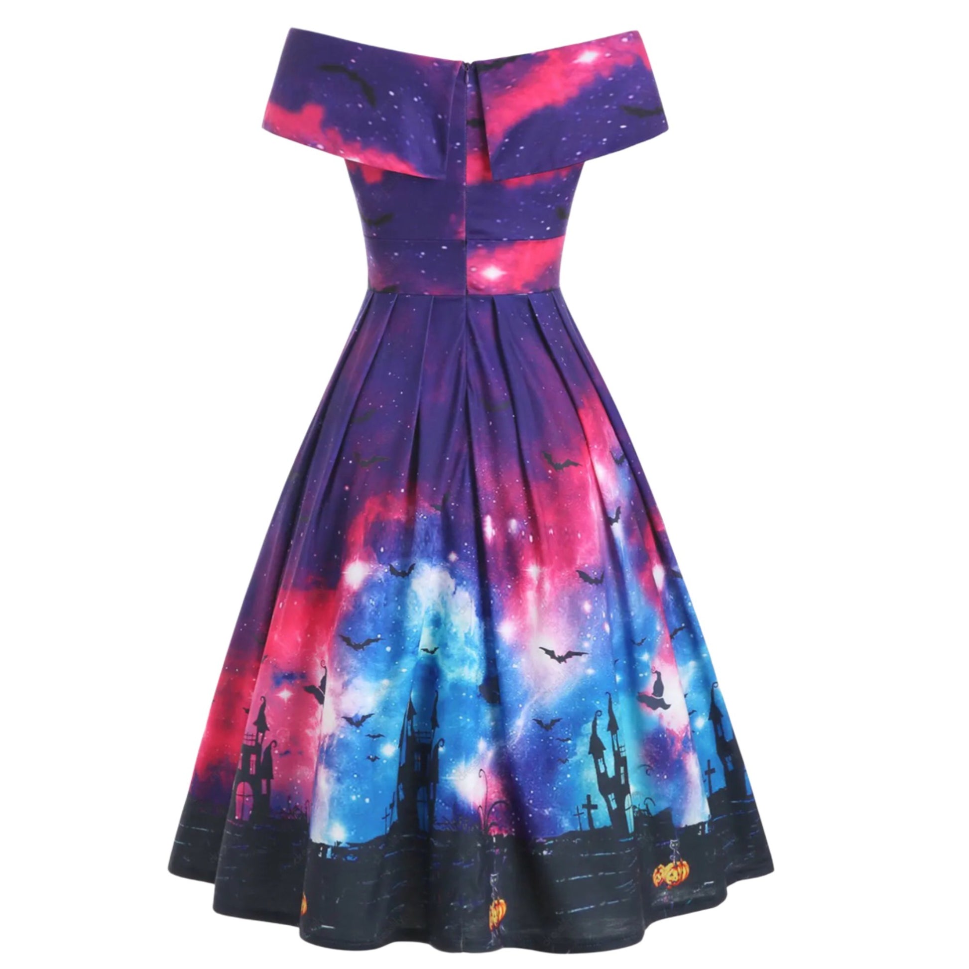 Off Shoulder Watercolor Pumpkin Bat Flared Dress - A Gothic Universe - Dresses