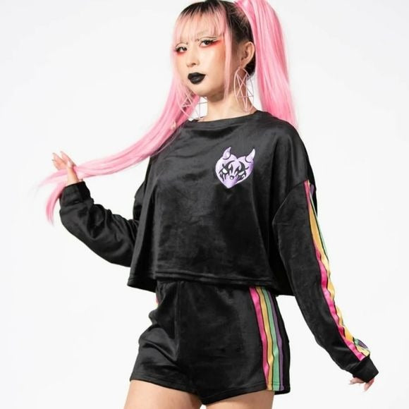 Mellow Velour Sweatshirt | Black Cropped Fit Embroidered Patch on Front - Killstar - Sweatshirts