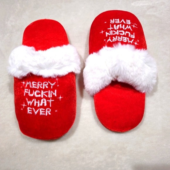 Merry F***mas Slippers | None Skid Red & White Comfy Furry 11" long S/M - Dolls Kill - Slippers