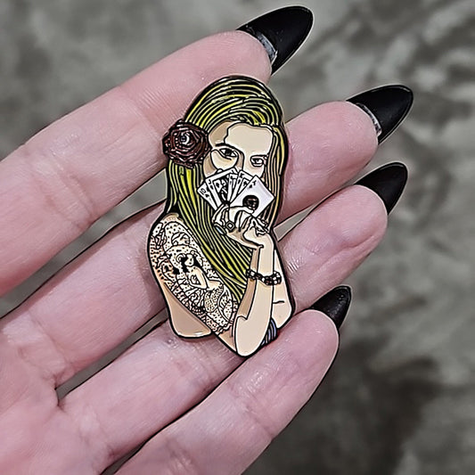 Enamel Lapel Pin | Adult Humor | Sexy Tattoos Lady Luck Poker Black Pin - A Gothic Universe - Lapel Pins